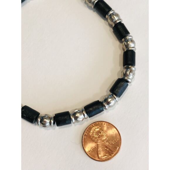 Vintage Silvertone and Black Wooden Beaded 9" Bracelet Lobster Claw Closure - Picture 5 of 8